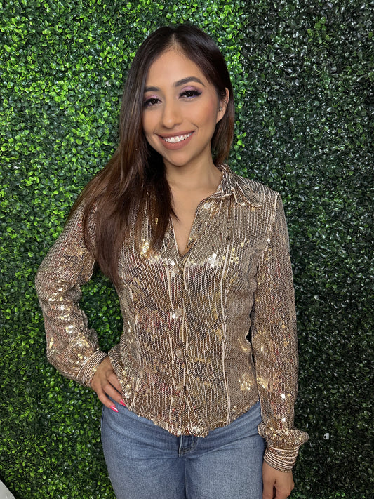 Gold sequin button down