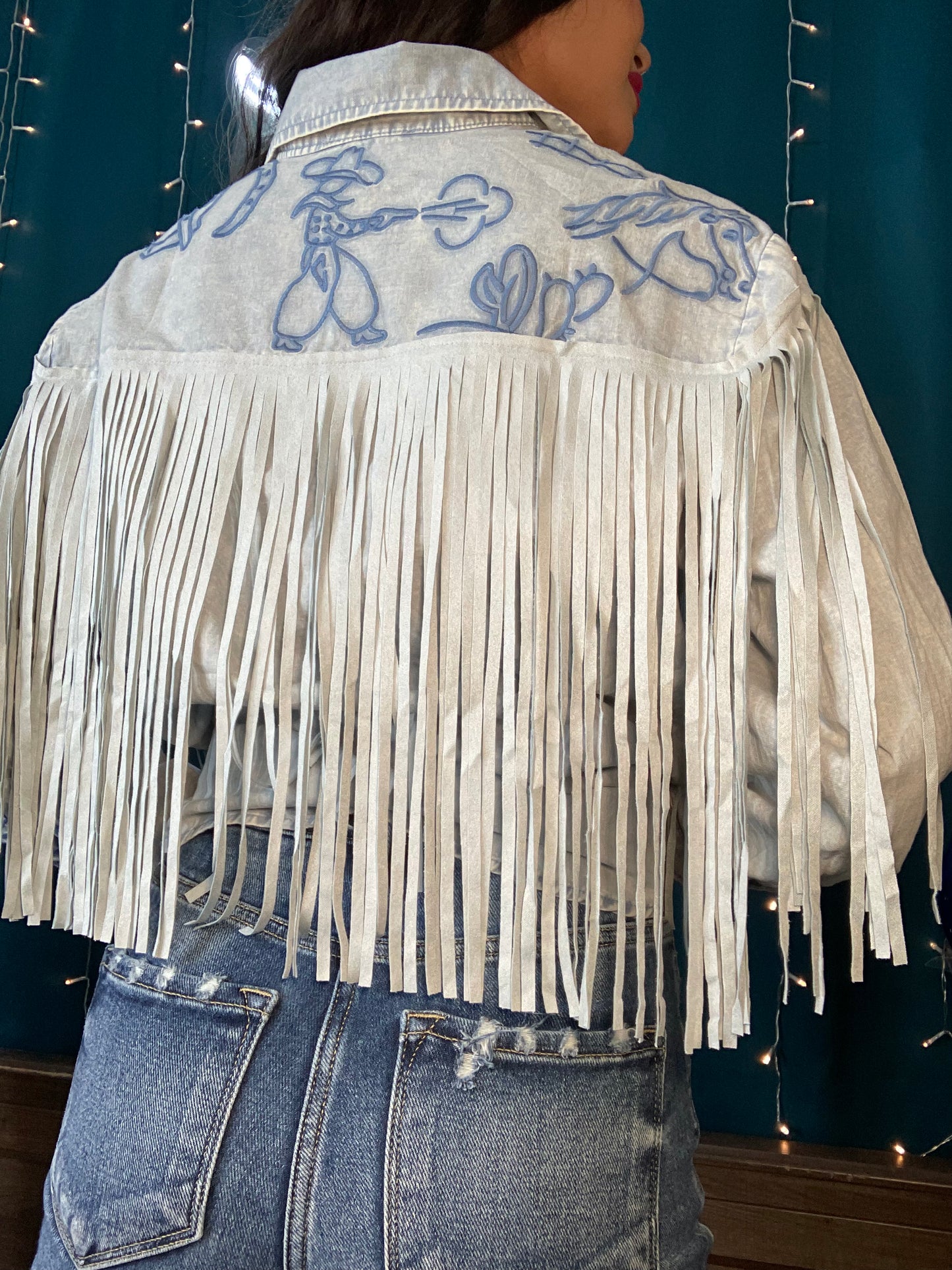 Embroidered fringe button down
